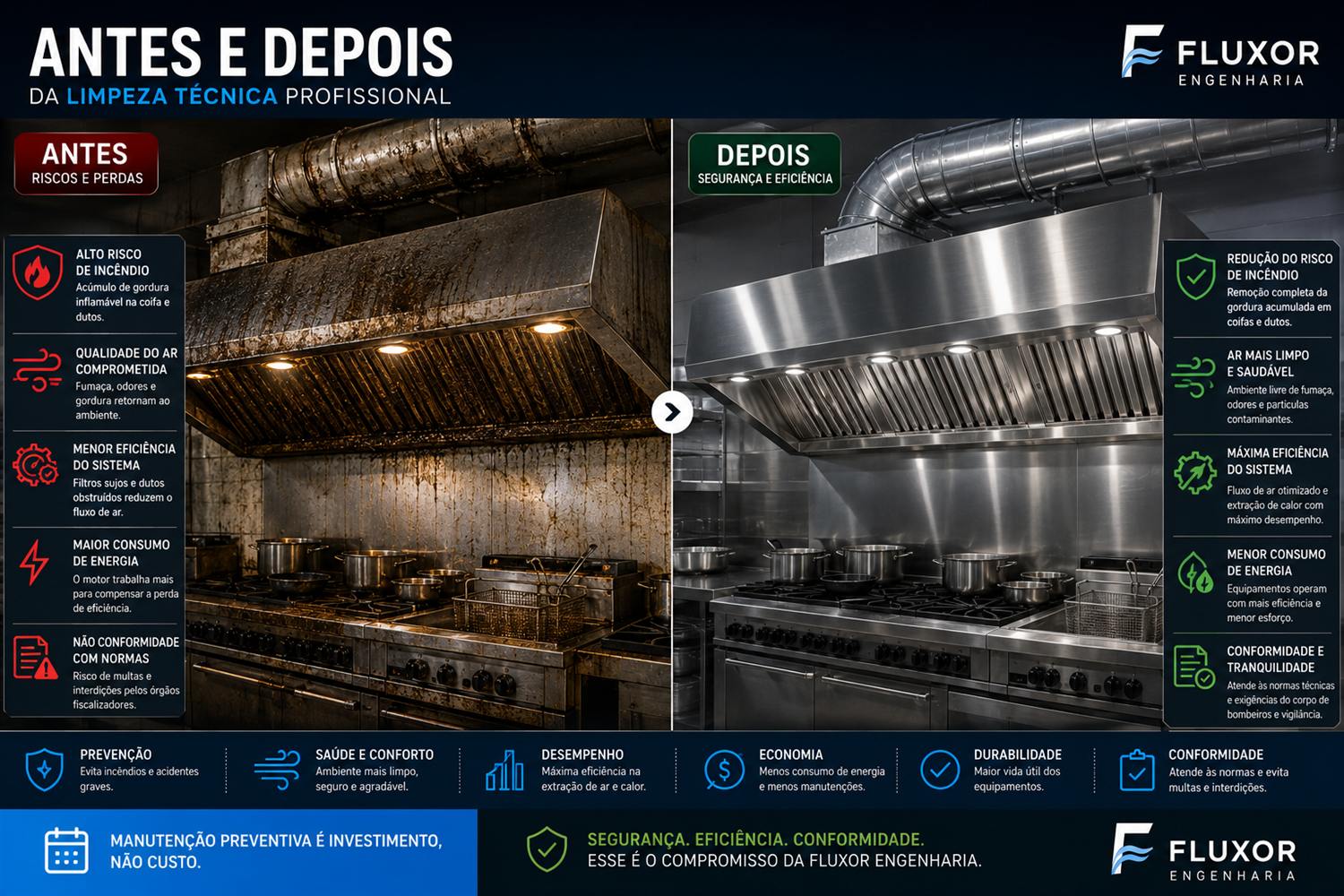 Comparativo antes e depois da limpeza técnica profissional de coifa industrial
