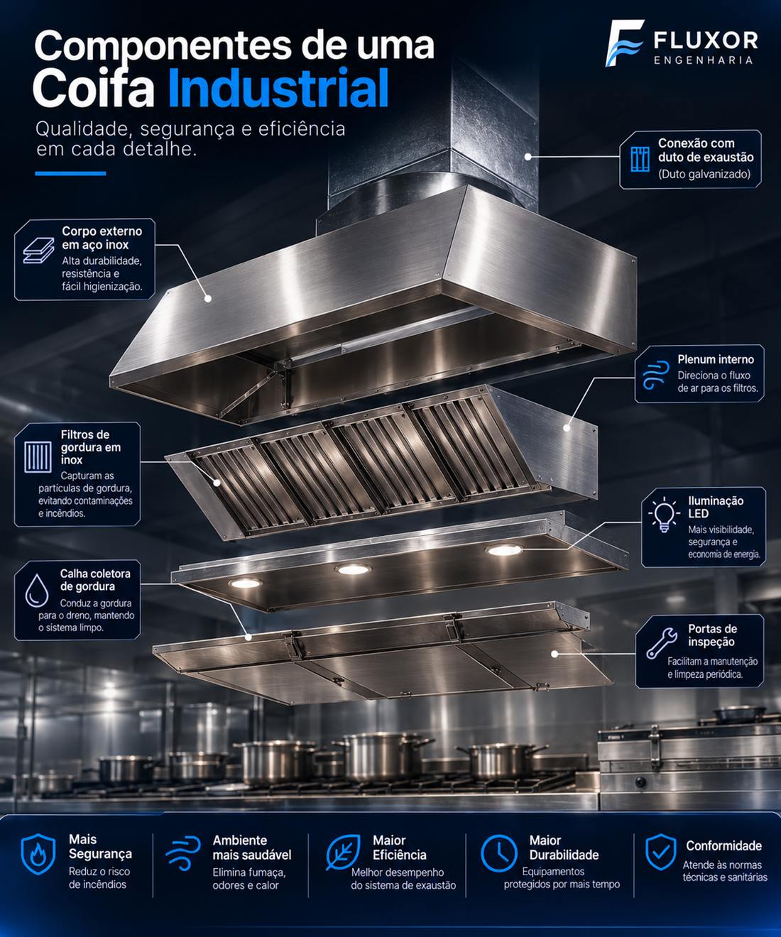 Infográfico dos componentes de uma coifa industrial: corpo em inox, filtros de gordura, plenum, calha coletora, iluminação LED e portas de inspeção
