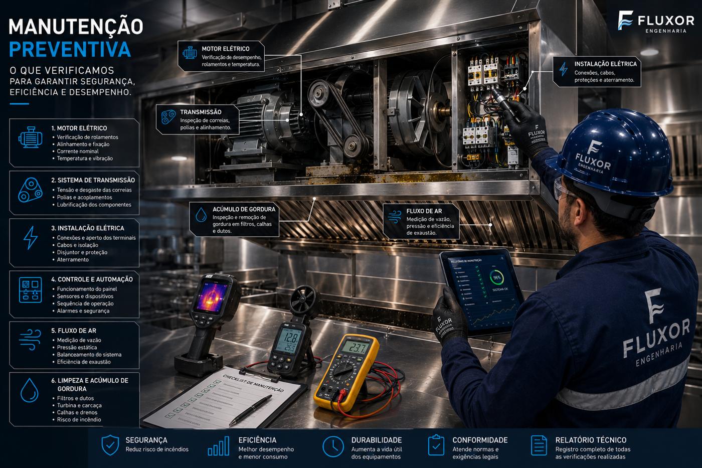 Infográfico da manutenção preventiva: o que verificamos no motor, transmissão, instalação elétrica, automação, fluxo de ar e gordura