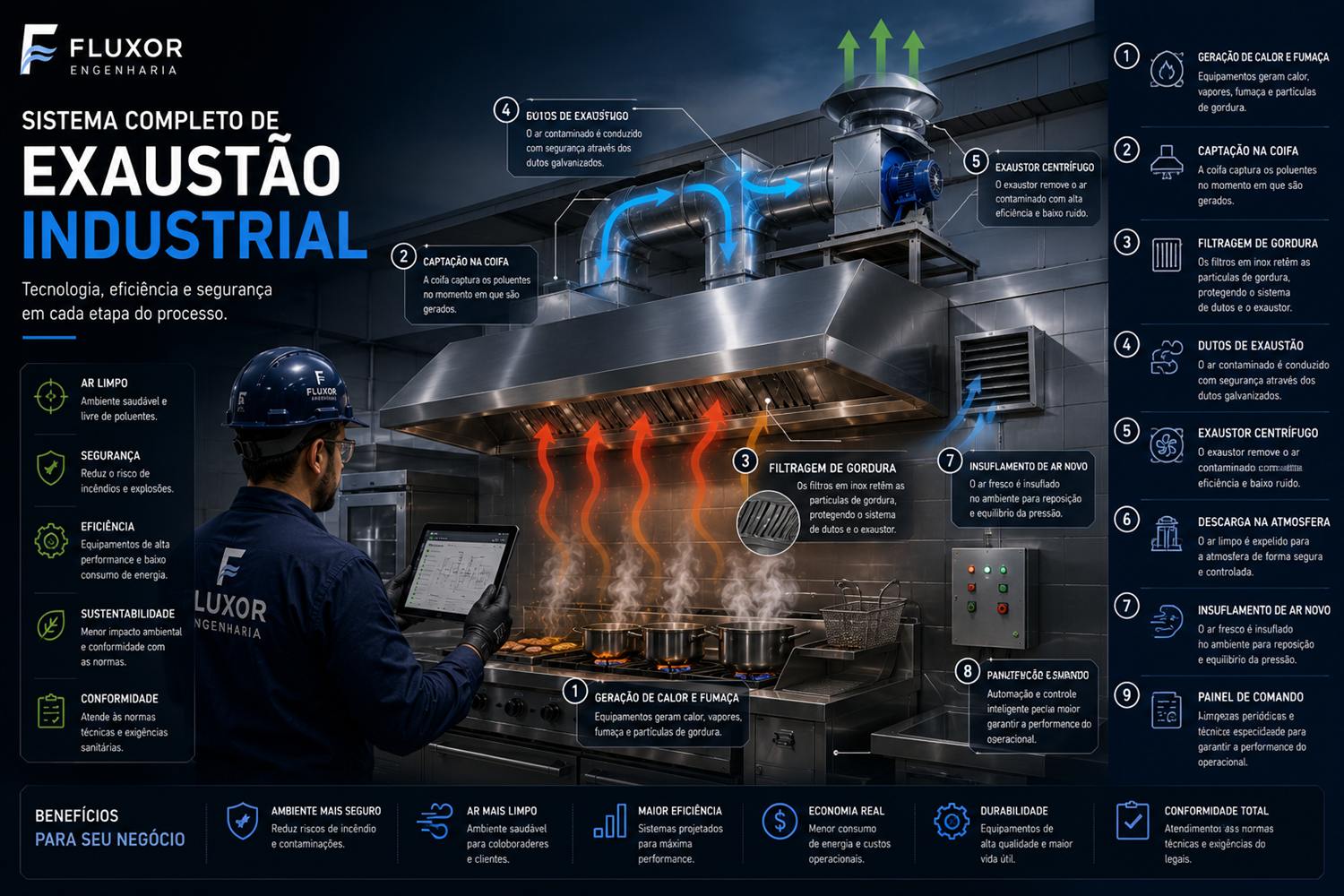 Infográfico do sistema completo de exaustão industrial: captação, filtragem, dutos, exaustor centrífugo e insuflamento de ar novo